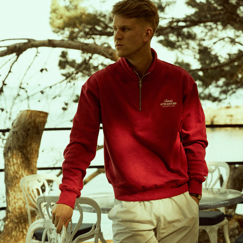 
                      
                        Half-Zip Hoodie Red with embroidery
                      
                    